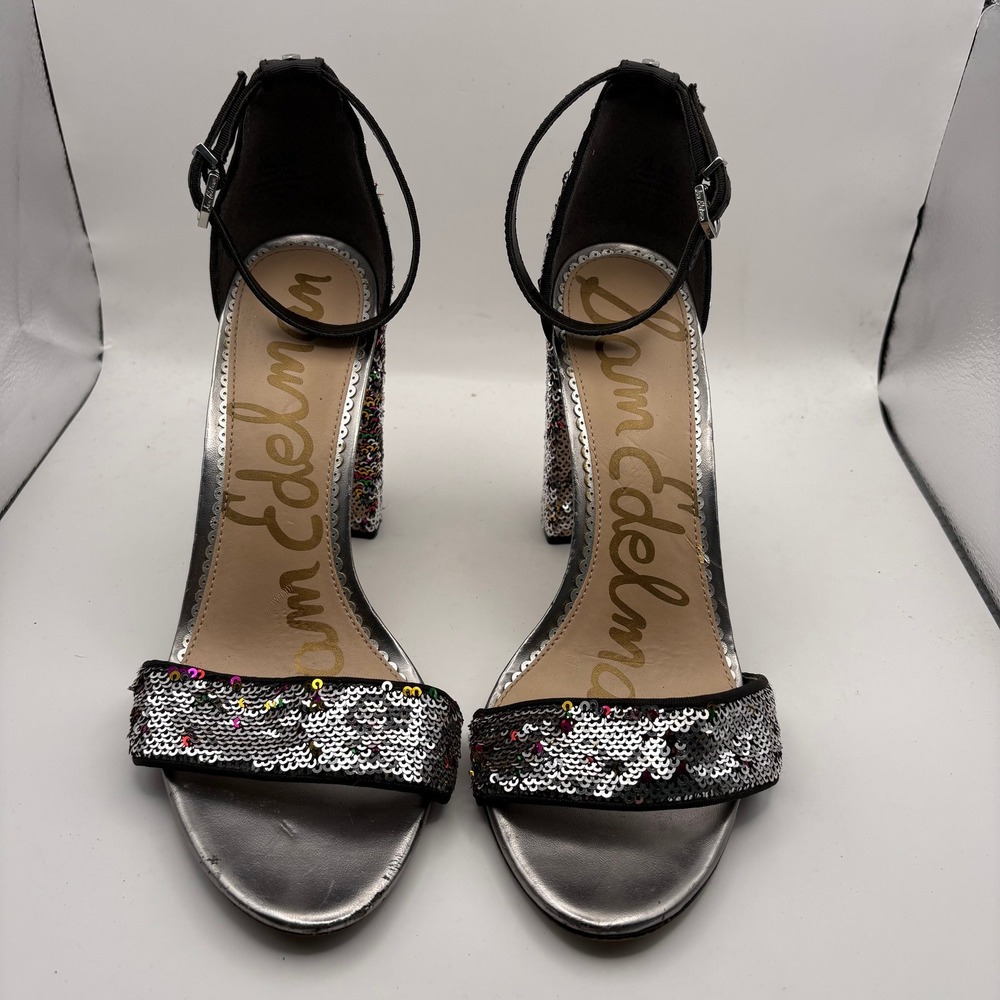 Sam Edelman Yaro Block Heel Sandals Multi Sequin Silver Ankle Strap Womens 8.5M